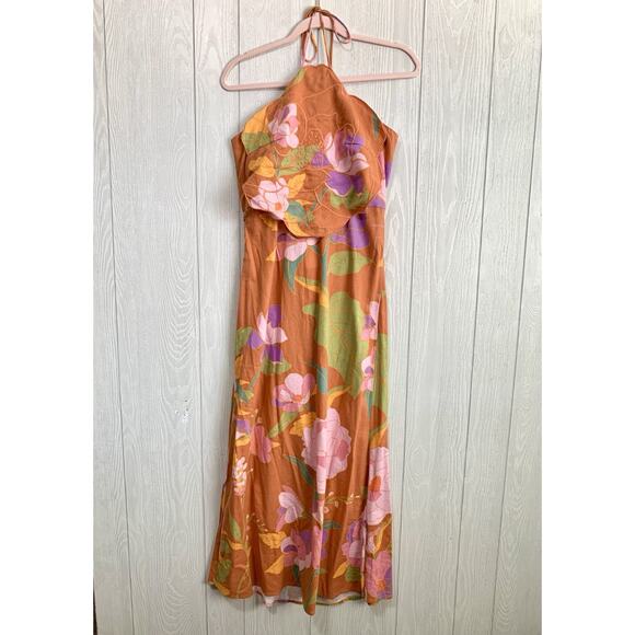 Caroline Constas Orange Floral Halter Dress Linen Blend Size Medium NWT - Picture 3 of 9